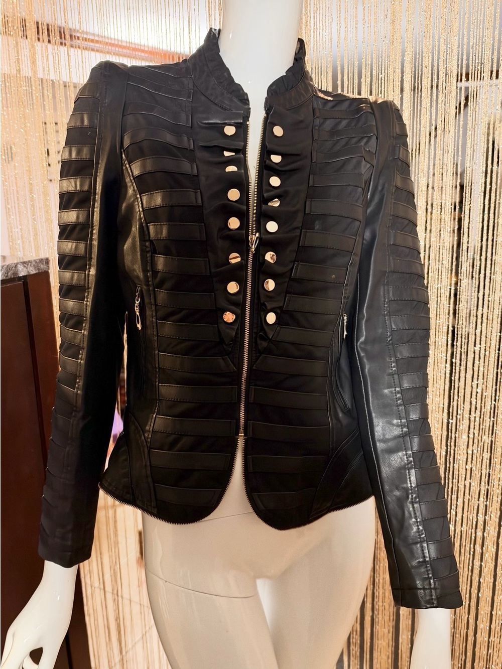 NWT  Drôle de Copine Paris Black Faux Leather Striped Jacket with Gold Details
